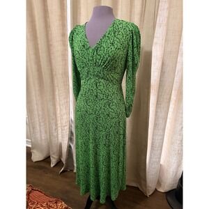 MNG Green Floral Print Midi Dress Long Sleeve V Neck Ruched Waist
